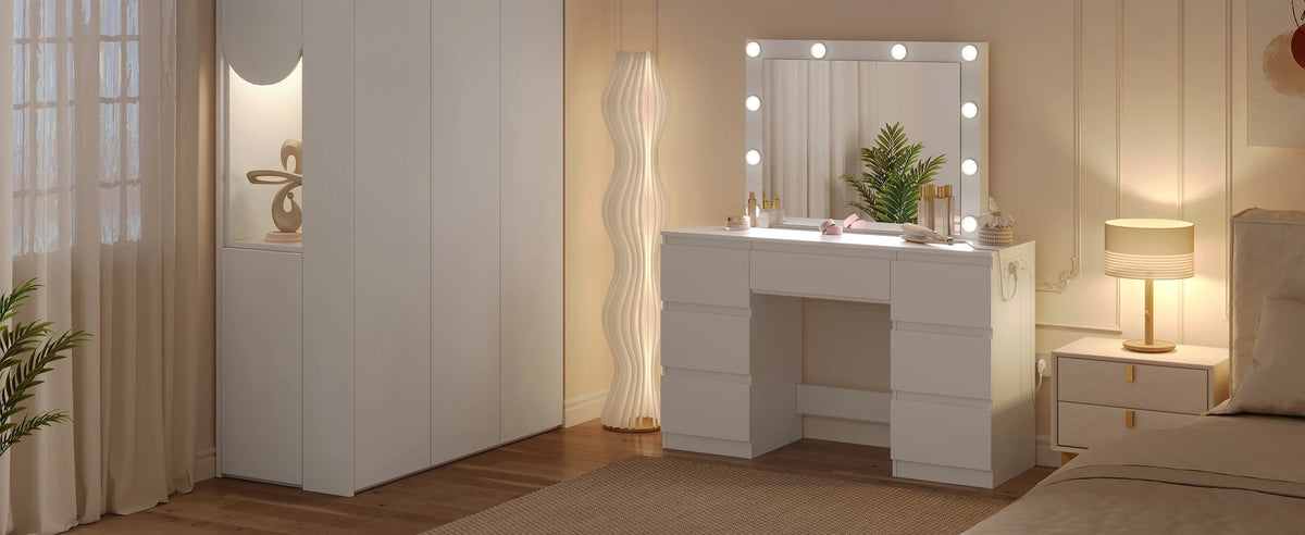 WOLTU White Dressing Table Girls/Women Vanity Dresser with Large Mirror 7 Drawers Makeup Desk with LED Lights Charging Socket