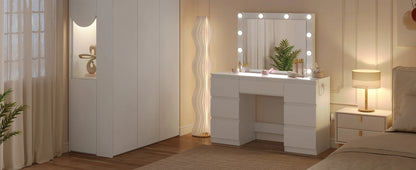 WOLTU White Dressing Table Girls/Women Vanity Dresser with Large Mirror 7 Drawers Makeup Desk with LED Lights Charging Socket