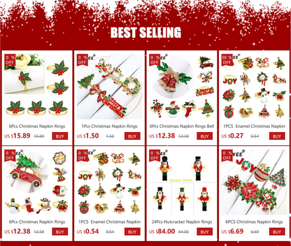 6Pcs Christmas Napkin Rings Gold Xmas Tree Deer Snowflake Hat Socks Napkin Buckles for Christmas Party Dinner Table Decorations