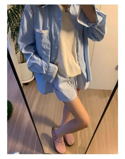 HOUZHOU Blue Striped Letter Embroidery Shorts Women Wide Leg Korean Fashion Short Pants Drawstring Baggy Casual Jorts Summer