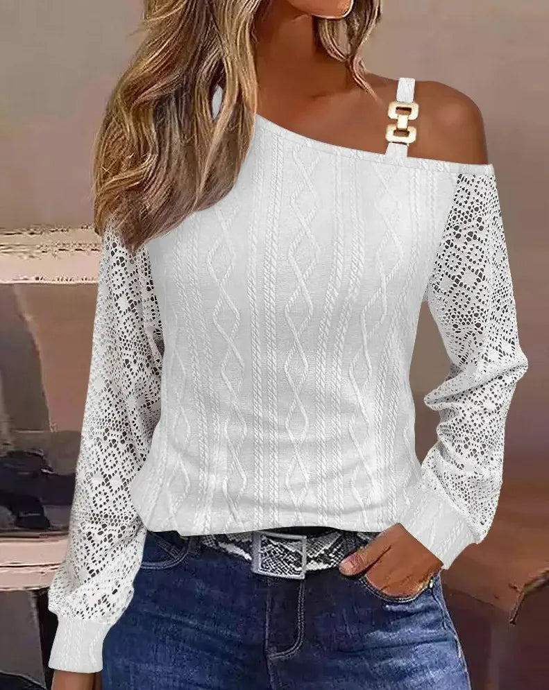 Sexy Elegant Off Shoulder White Lace Women Tops And Blouses 2023 Autumn Long Sleeve Top Femme Print Metal Buckle Office Blouse