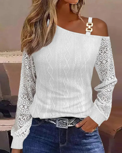Sexy Elegant Off Shoulder White Lace Women Tops And Blouses 2023 Autumn Long Sleeve Top Femme Print Metal Buckle Office Blouse