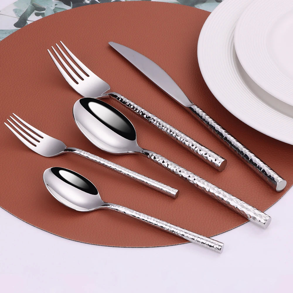 6/12/15Pcs Sliver Heavy Cutlery Stainless Steel 304 Tableware Western Dinner Set Mirror Hammer Pattern Handle Knife Fork Spoon