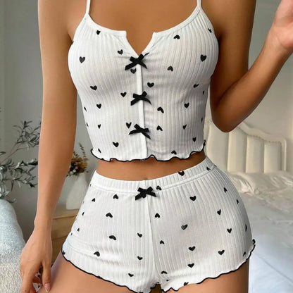Women's Pajamas Set Bowknot Decor Sleepwear 2 PCS Short Tank Tops And Shorts Ventilate Loungewear Two-piece Female Nightwear