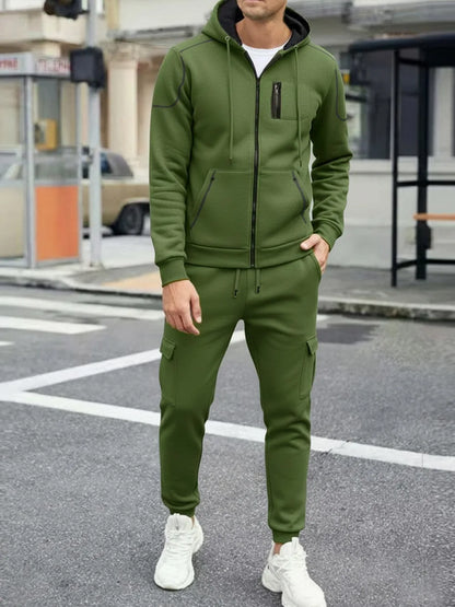 2025 Popular Two-piece Men's Sportswear Autumn Solid Color Jogging Suit Hooded Zipper Jacket + Sport Pants Casual Sports Set