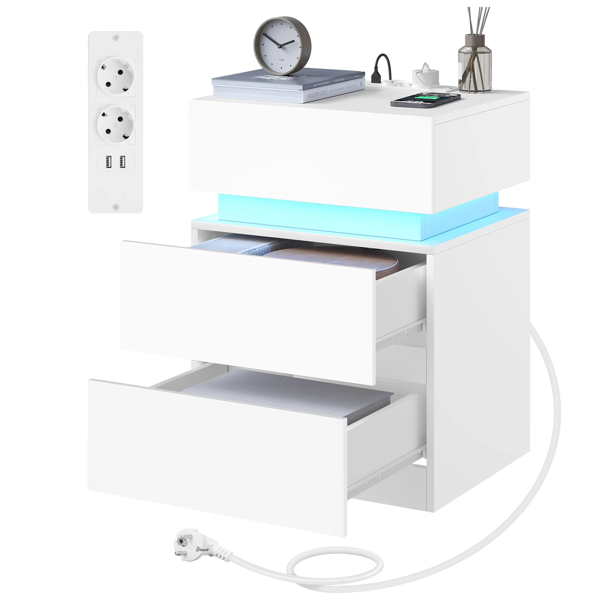 WOLTU Nightstand White/Black Bedside Table with LED Lighting 2 Drawers USB Charging Function Narrow Sofa Table