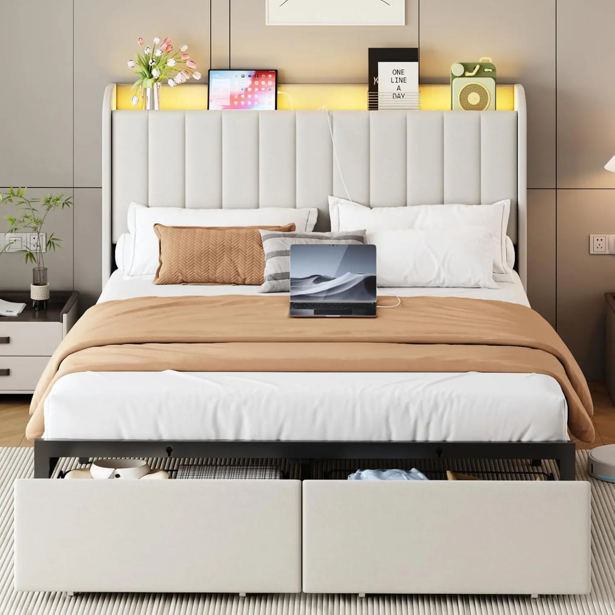 Full Size Bed Frames with Storage Headboard and 2 Drawers, Upholstered Platform Bed Frame Full with Led Lights and, Customized