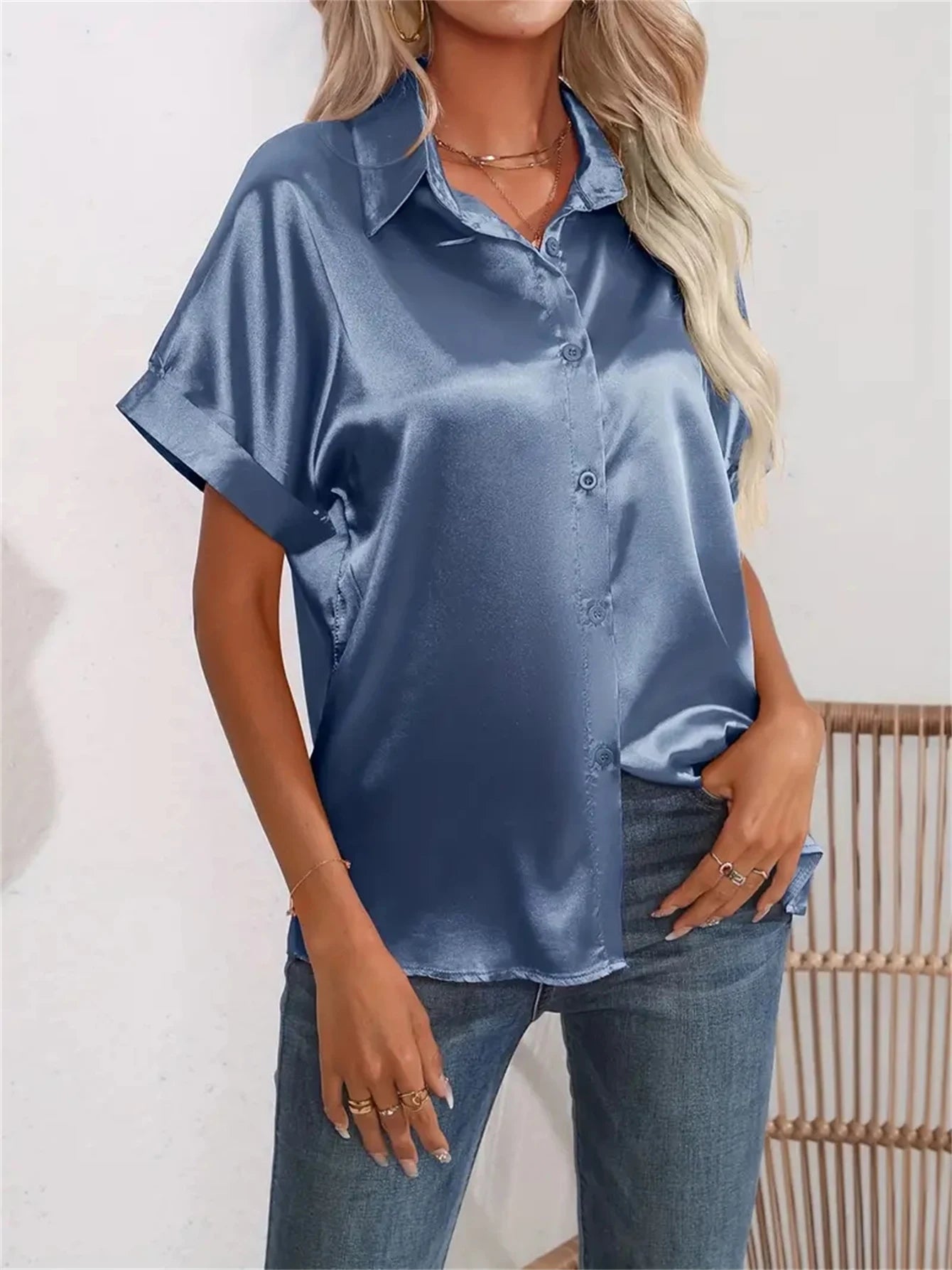 Casual Turn-Down Collar Button Front Solid Color Short Sleeved Satin Shirt Women Summer Blouse
