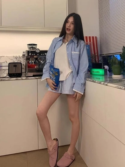 HOUZHOU Blue Striped Letter Embroidery Shorts Women Wide Leg Korean Fashion Short Pants Drawstring Baggy Casual Jorts Summer