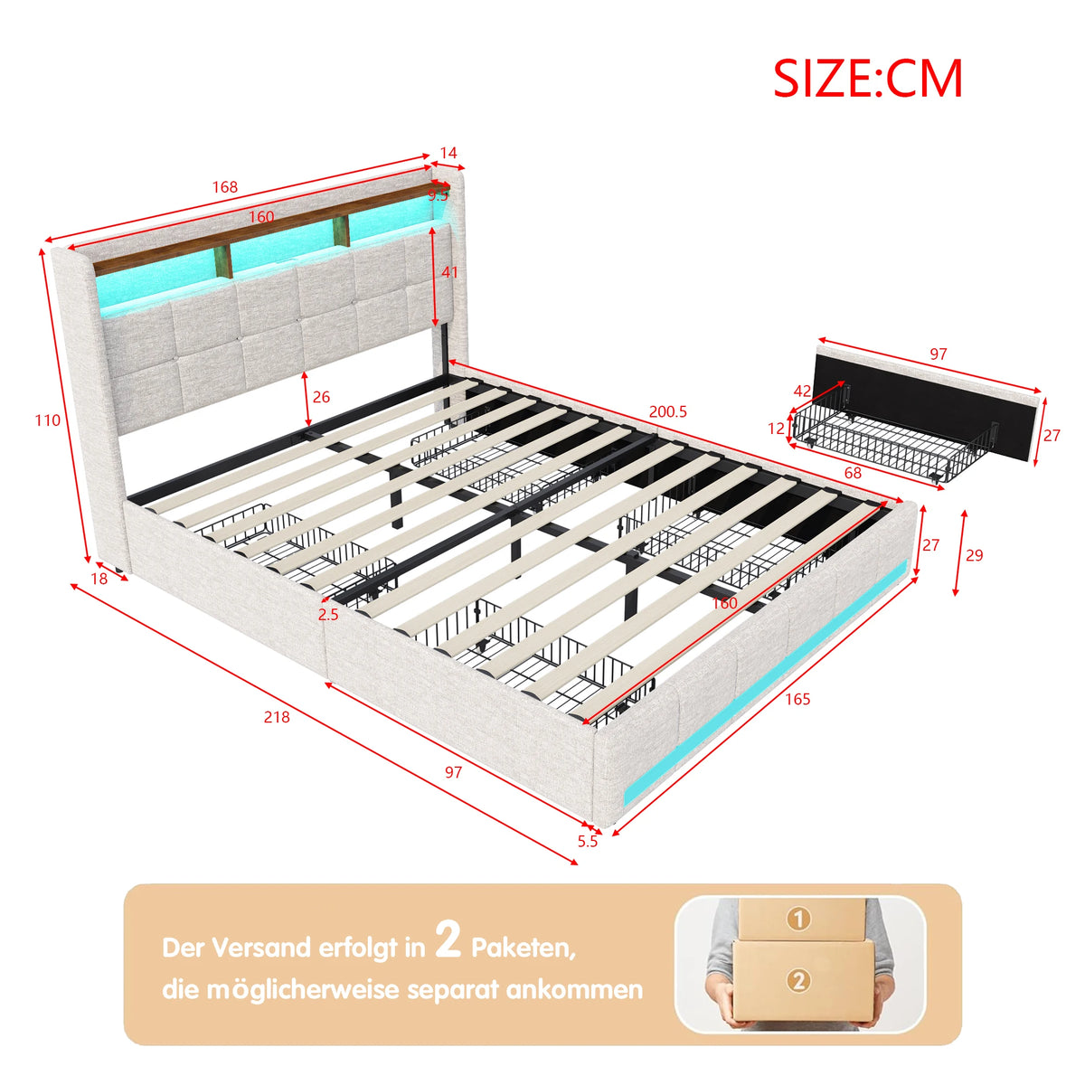 Rosahqnda Upholstered Double Bed 160 x 200 cm, Bed 180 x 200 cm with Storage Box, Storage Bed with 4 Drawers and LED Lighting