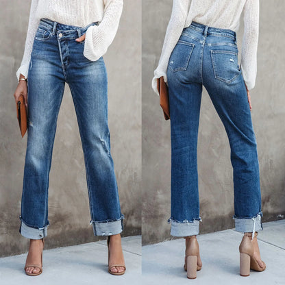 Women Spring and Autumn New Urban Casual Wash Straight Leg Jeans Long Pants, Loose Fallow Handwork Abrade Jeans with Pocket Y2k