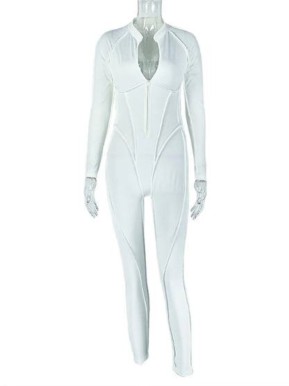 Weird Puss Casual Sporty Jumpsuits Women Zip Low-Neck Backless Full Sleeve Skinny Peach Hip High Street Style Solid Overalls