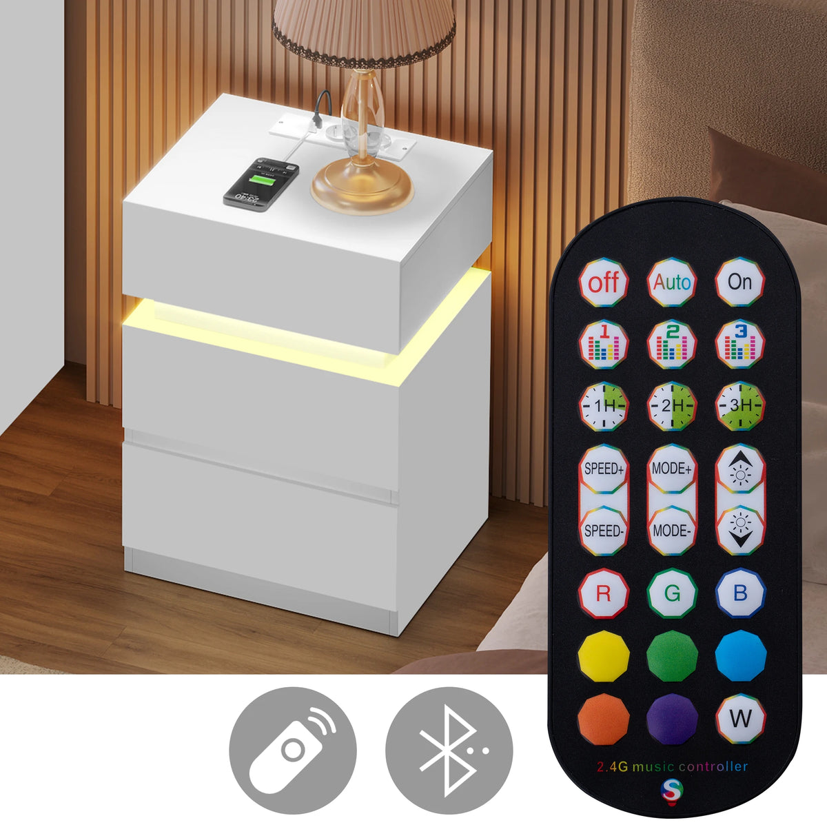 WOLTU Nightstand White/Black Bedside Table with LED Lighting 2 Drawers USB Charging Function Narrow Sofa Table