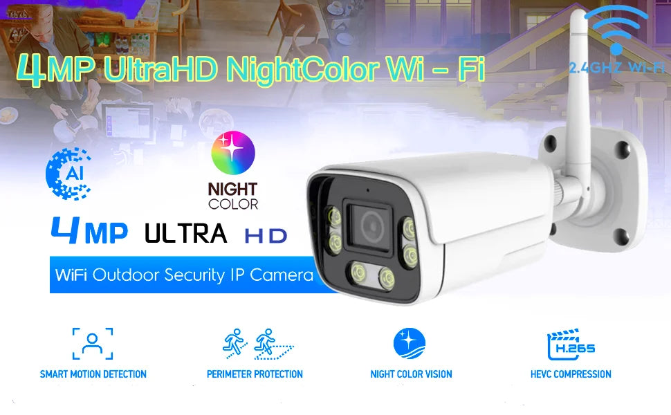 4MP Outdoor Security Wifi Camera AI 95ft NightColor Human Detection Bullet IP Camera With Two-Way Audio H.265+ Support MicroSD