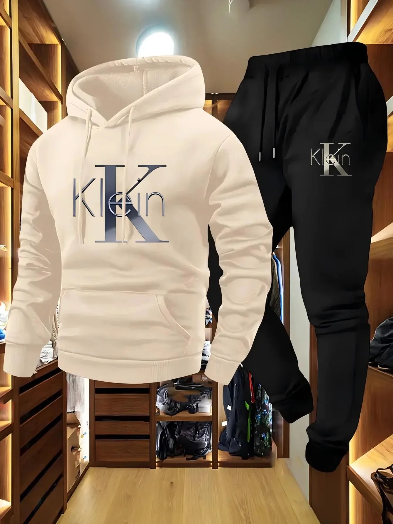 Men's Casual Two-Piece Set Autumn Winter Pattern Hoodie Sweatshirt & Long Pants Outdoor Sports Suit with Pockets Regular Fit