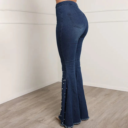 Denim Flare Pants Women Washed Jeans High Waist Slim Fit Pockets Embroidered Flares Vintage Trousers Full Length Casual Denims