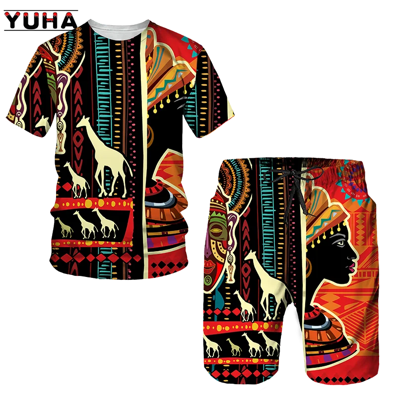 YUHA,Newest African Print Women's/Men's T-shirts Sets Africa Dashiki Men’s Tracksuit/Vintage Tops Sport And Leisure Summer Male