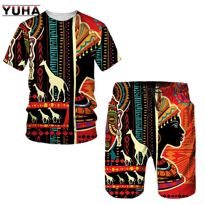 YUHA,Newest African Print Women's/Men's T-shirts Sets Africa Dashiki Men’s Tracksuit/Vintage Tops Sport And Leisure Summer Male