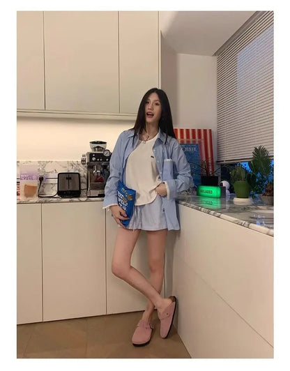HOUZHOU Blue Striped Letter Embroidery Shorts Women Wide Leg Korean Fashion Short Pants Drawstring Baggy Casual Jorts Summer