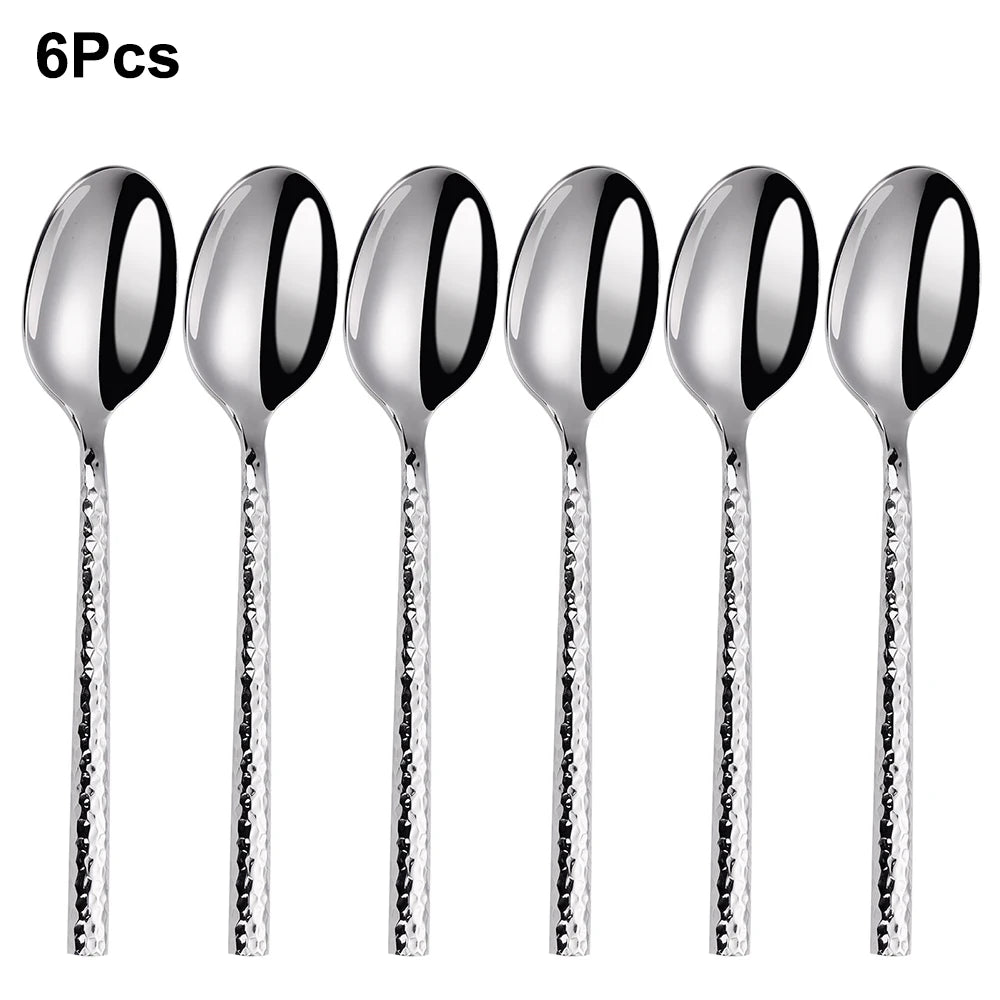 6/12/15Pcs Sliver Heavy Cutlery Stainless Steel 304 Tableware Western Dinner Set Mirror Hammer Pattern Handle Knife Fork Spoon