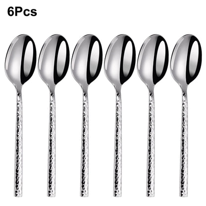 6/12/15Pcs Sliver Heavy Cutlery Stainless Steel 304 Tableware Western Dinner Set Mirror Hammer Pattern Handle Knife Fork Spoon