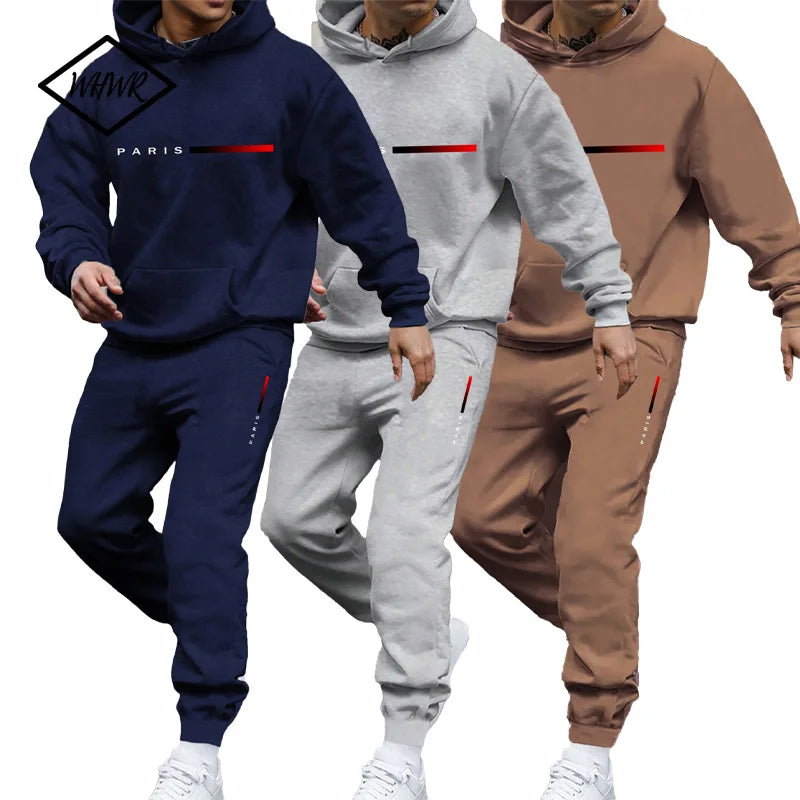 Paris Print Fashion Men's Hooded Tracksuit 2pcs Set High Quality Male Daily Casual Sports Jogging Home Outdoor Hoodie Outftis