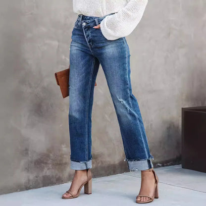 Women Spring and Autumn New Urban Casual Wash Straight Leg Jeans Long Pants, Loose Fallow Handwork Abrade Jeans with Pocket Y2k