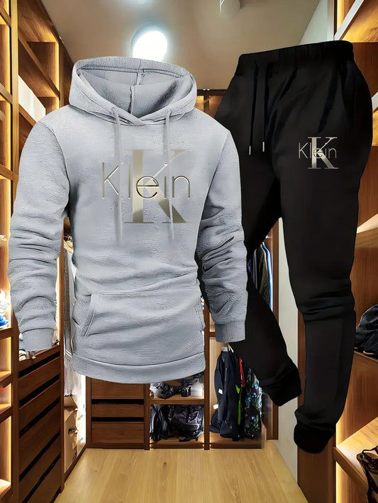 Men's Casual Two-Piece Set Autumn Winter Pattern Hoodie Sweatshirt & Long Pants Outdoor Sports Suit with Pockets Regular Fit