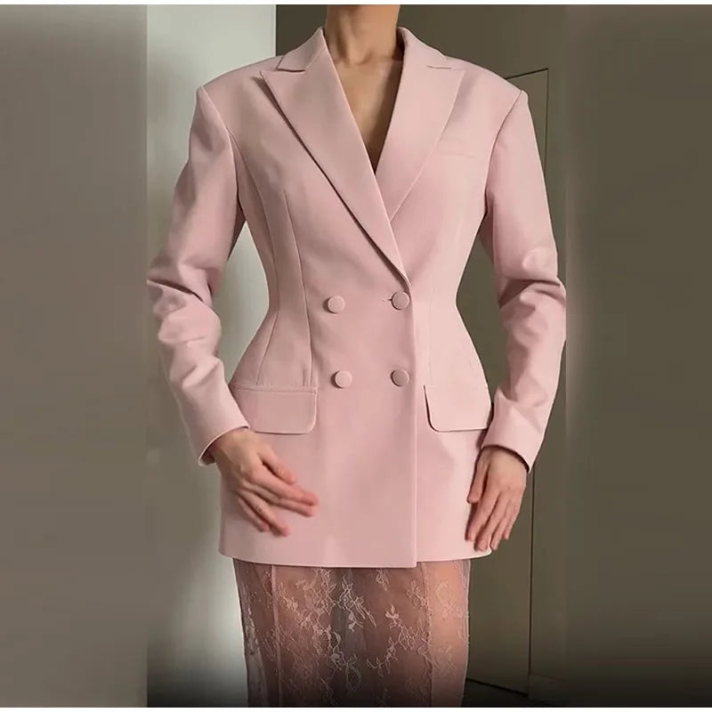 Retro Solid Suit Jacket Lace Skirt Set Women Sexy Waist-cinching Jackets Perspective Long Skirts Sets Lady 2025 Chic Streetwear