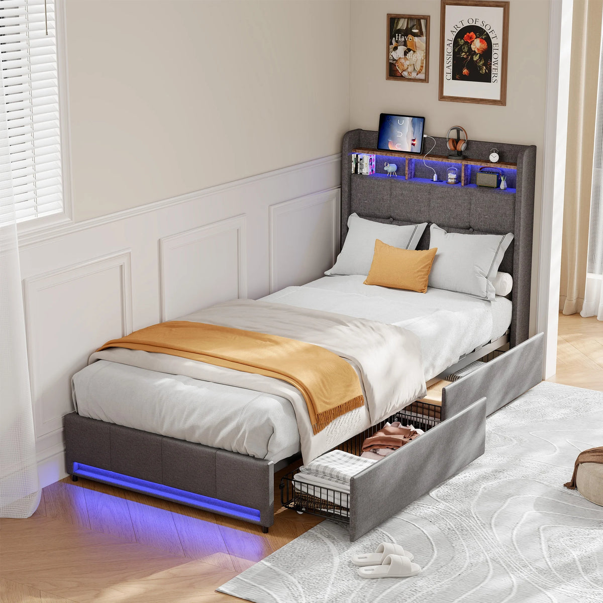 Rosahqnda Upholstered Double Bed 160 x 200 cm, Bed 180 x 200 cm with Storage Box, Storage Bed with 4 Drawers and LED Lighting