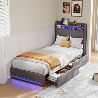 Rosahqnda Upholstered Double Bed 160 x 200 cm, Bed 180 x 200 cm with Storage Box, Storage Bed with 4 Drawers and LED Lighting