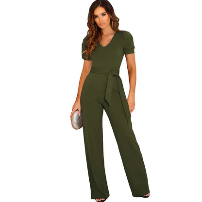 2024 Summer Jumpsuit Women's V-neck Short Sleeve Wide Leg Long Pants Jumpsuit De Mujeres Kombinezony Mono Elegantes Mujer
