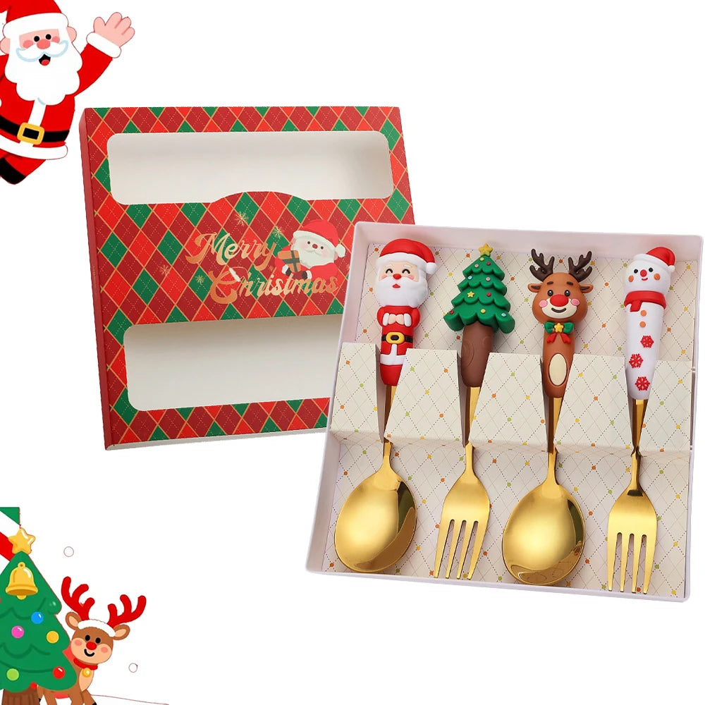 4Pcs Silver Christmas Fork And Spoon Set Stainless Steel Creative Tableware Coffee Tea Dessert Forks And Spoons Gift Set