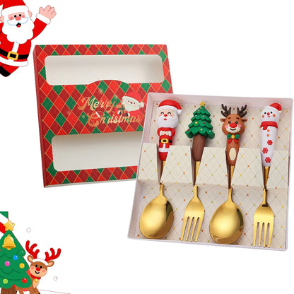 4Pcs Silver Christmas Fork And Spoon Set Stainless Steel Creative Tableware Coffee Tea Dessert Forks And Spoons Gift Set