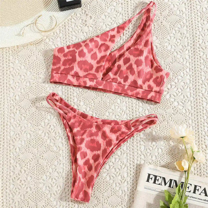 New Leopard Asymmetric Bikini Female Swimsuit Women Swimwear Two-pieces Bikini set One Shoulder Bather Bathing Suit Swim V2884