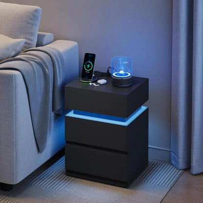 WOLTU Nightstand White/Black Bedside Table with LED Lighting 2 Drawers USB Charging Function Narrow Sofa Table