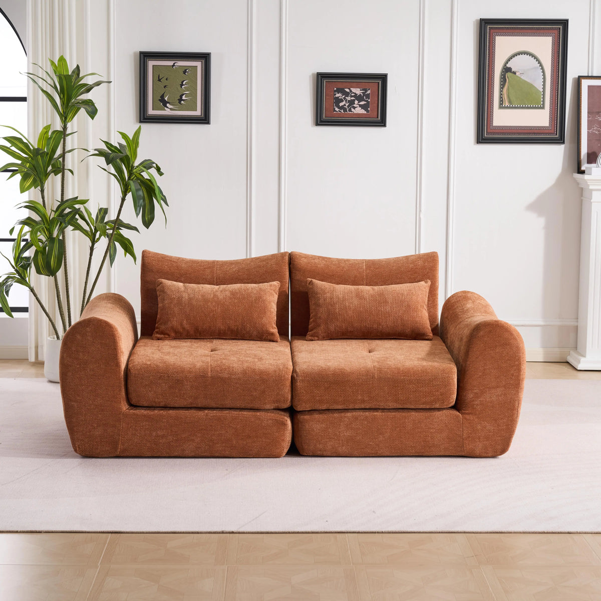 Orange Comfort Compressed Sofa,3 Seats No Assembly Required Sofa Bed,Black Chenille Free Combination For Living Room, Apartment