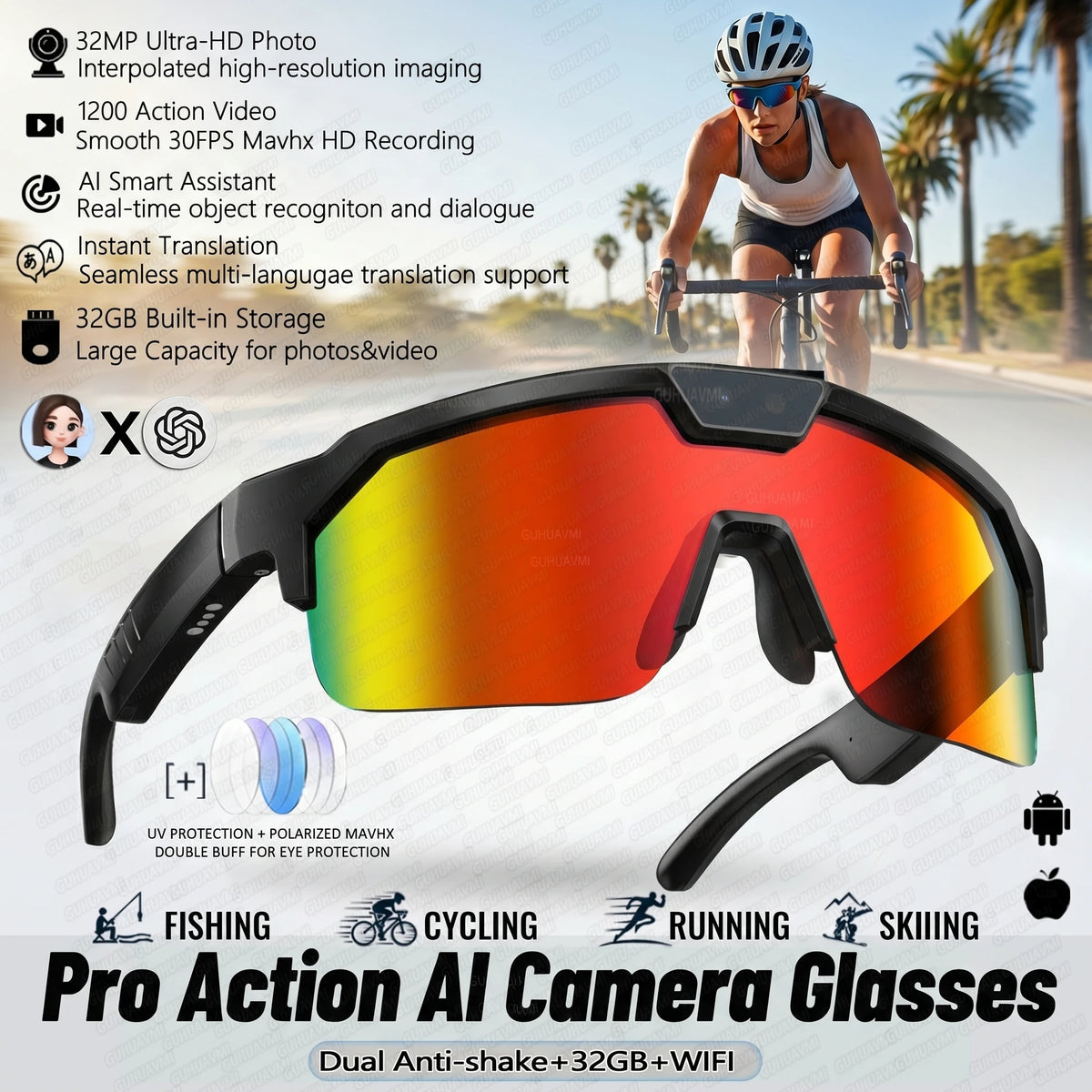 2026 New AI Smart Sports shooting&amp;recording Glasses 800W Camera HD Anti-shake Bicycle Riding Shooting Artifact Windproof Goggles