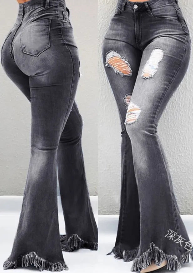 Ripped Jean Distressed Flare Full Length Women Denim Pants Hole Pockets High Waist Washed Bleached Loose Basics 2024 Solid