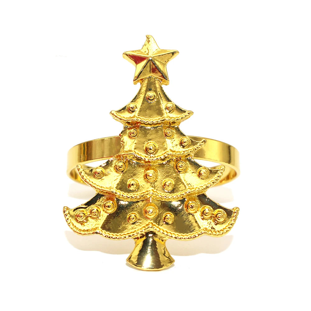 6Pcs Christmas Napkin Rings Gold Xmas Tree Deer Snowflake Hat Socks Napkin Buckles for Christmas Party Dinner Table Decorations
