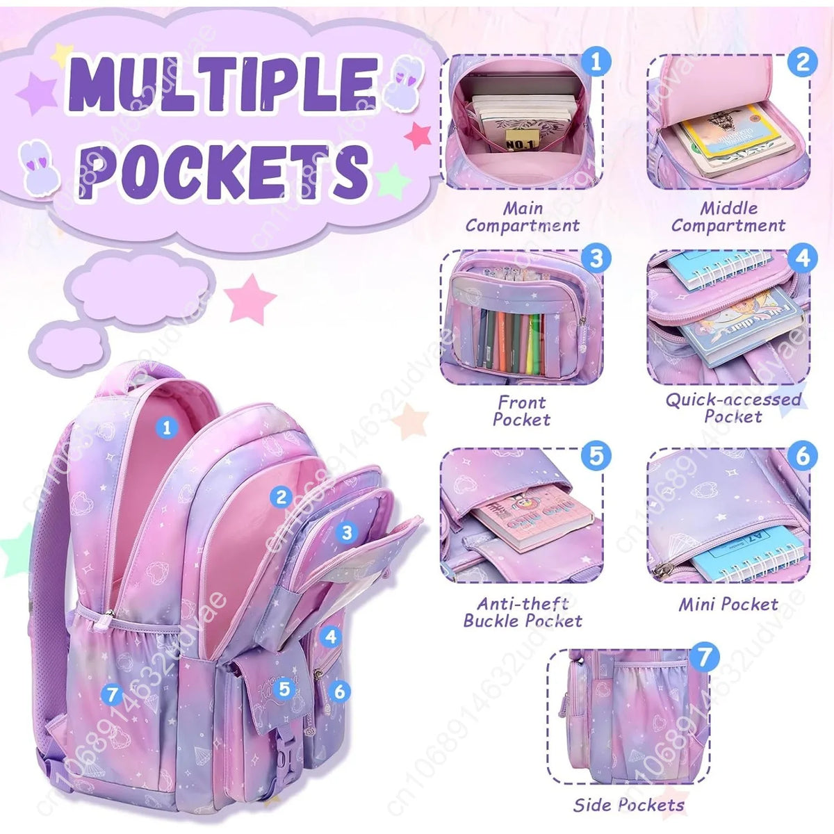 Kids Backpack for Girls - Middle School &amp; Elementary School - Kawaii Ita Backpack - Purple
