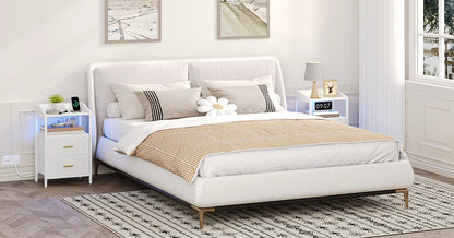 Bedside Table set of 2, with LED Lights and Charging Station, Side Table with 2 Fabric Drawers and Shelves, White