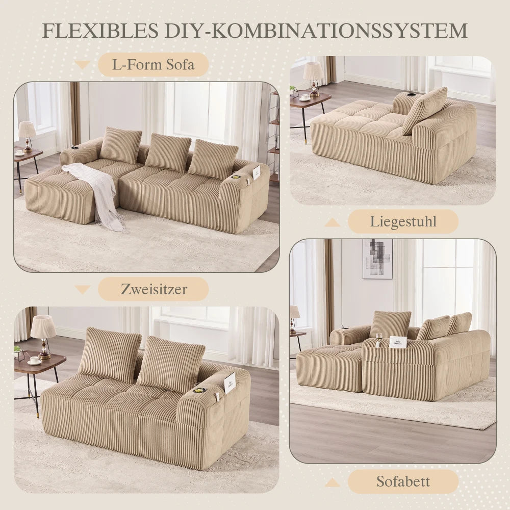 Compact Sofa Soft, Modular Sofa with Side Pocket and Beverage Holder, High Quality Comfort for Long Sitting, Incl. Pillows