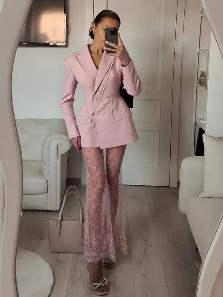 Retro Solid Suit Jacket Lace Skirt Set Women Sexy Waist-cinching Jackets Perspective Long Skirts Sets Lady 2025 Chic Streetwear