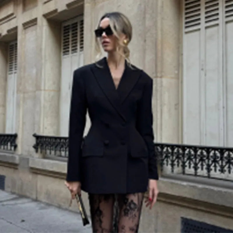 Retro Solid Suit Jacket Lace Skirt Set Women Sexy Waist-cinching Jackets Perspective Long Skirts Sets Lady 2025 Chic Streetwear