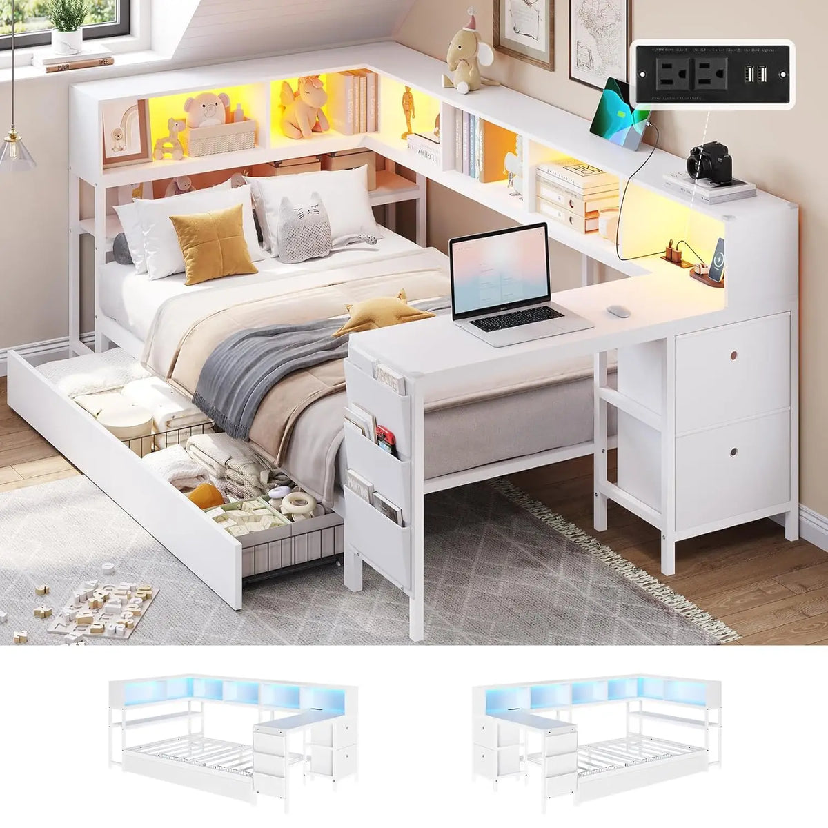 Corner Twin Bed Frame With Desk,Charging Station And Bookcase Storage Metal Platform Bed Frame With Storage Drawers And Led Ligh