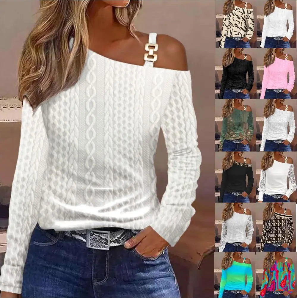 Sexy Elegant Off Shoulder White Lace Women Tops And Blouses 2023 Autumn Long Sleeve Top Femme Print Metal Buckle Office Blouse