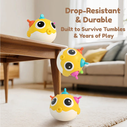 Pufferfish Baby Roly-Poly Rattle Toy with Teether Button, Motor Skills, Hand-Eye Coordination, Early Learning Toy, Newborn Gift