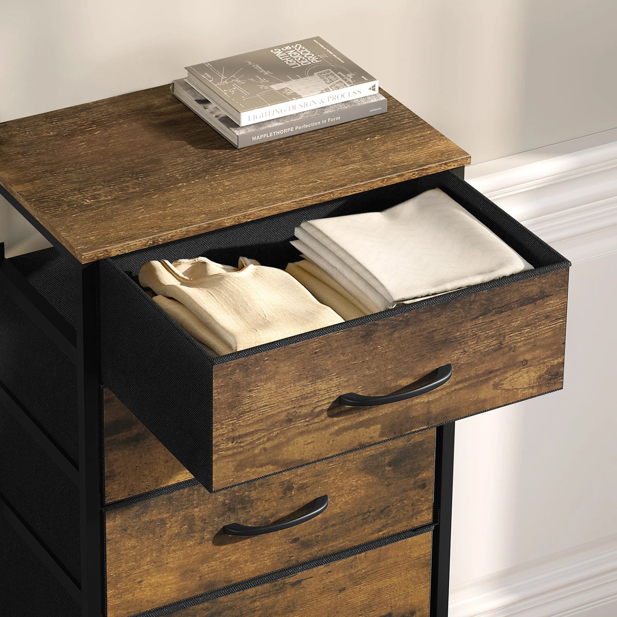 WOLTU Rustic Brown Dresser Storage Unit Chiffonier with 5 Fabric Drawers Wardrobe Living Room Cabinet
