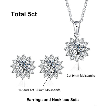 NeeTim 0.5ct 1ct 2ct 3ct Moissanite Jewelry Set 925 Silver with Gold Plated Flower Pendant Necklace Stud Earrings Sets for Women